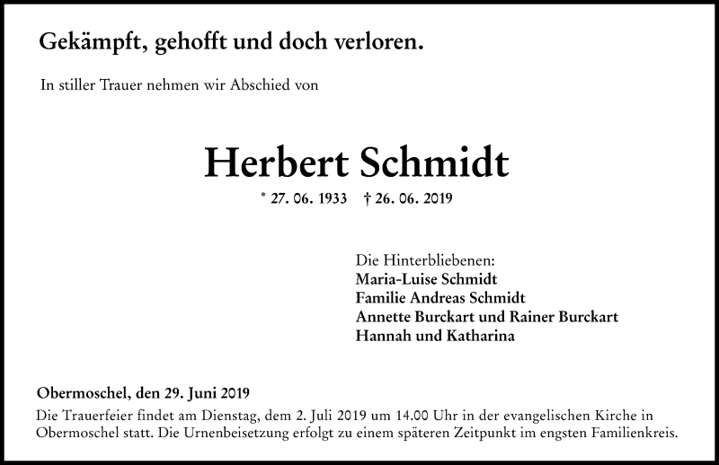  Traueranzeige für Herbert Schmidt vom 29.06.2019 aus vrm-trauer