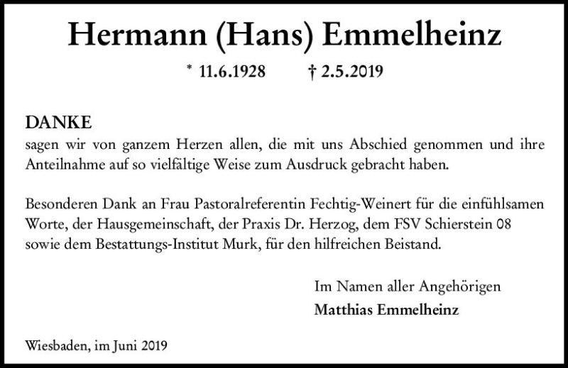  Traueranzeige für Hermann Emmelheinz vom 08.06.2019 aus vrm-trauer