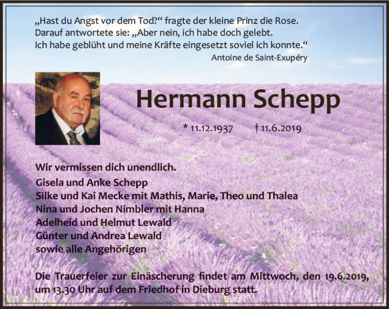  Traueranzeige für Hermann Schepp vom 15.06.2019 aus vrm-trauer