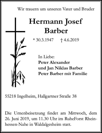 Traueranzeige von Hermann Josef Barber von vrm-trauer