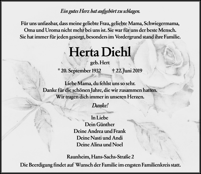  Traueranzeige für Herta Diehl vom 29.06.2019 aus vrm-trauer