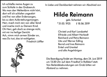 Traueranzeige von Hilde Reimann von vrm-trauer