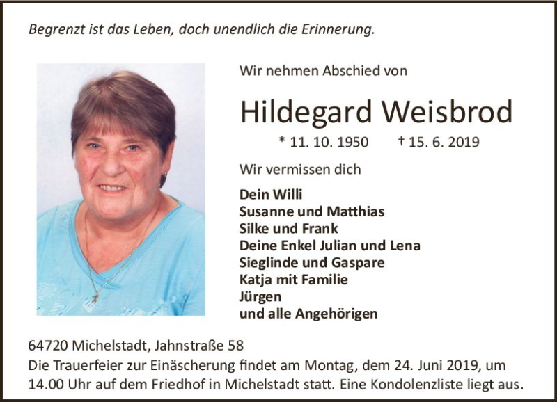  Traueranzeige für Hildegard Weisbrod vom 22.06.2019 aus vrm-trauer