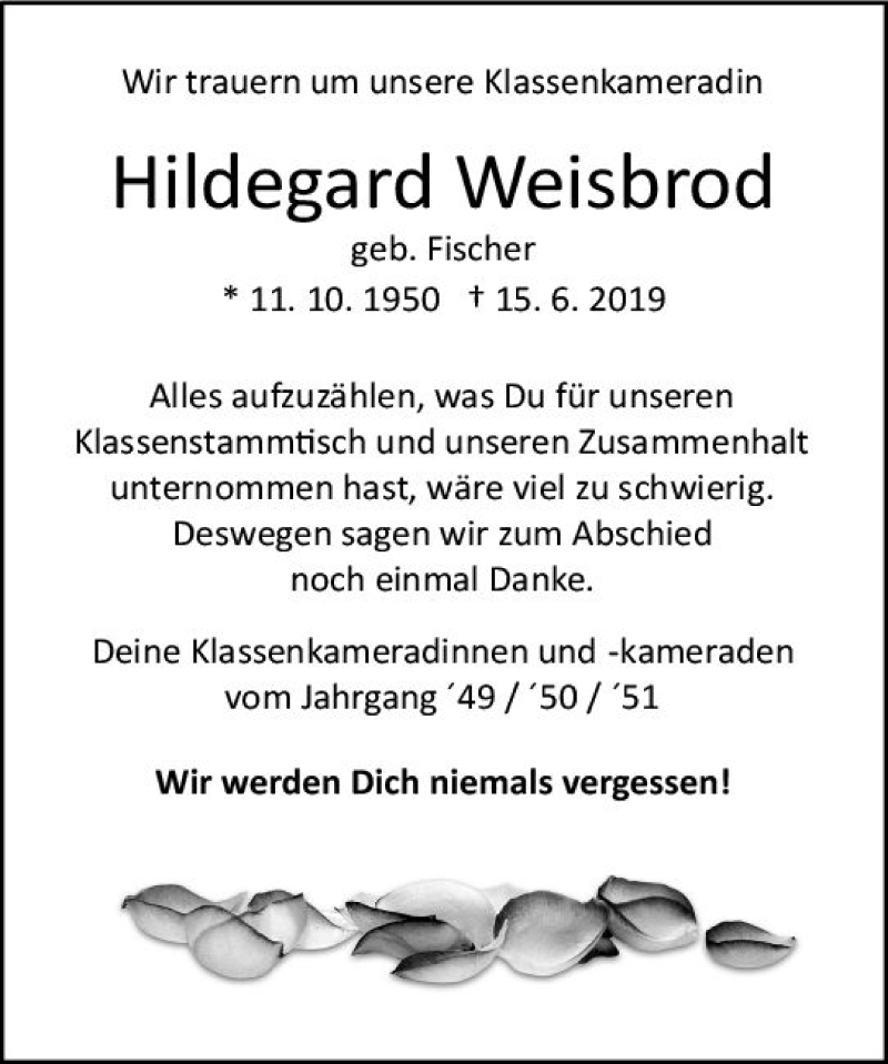  Traueranzeige für Hildegard Weisbrod vom 22.06.2019 aus vrm-trauer