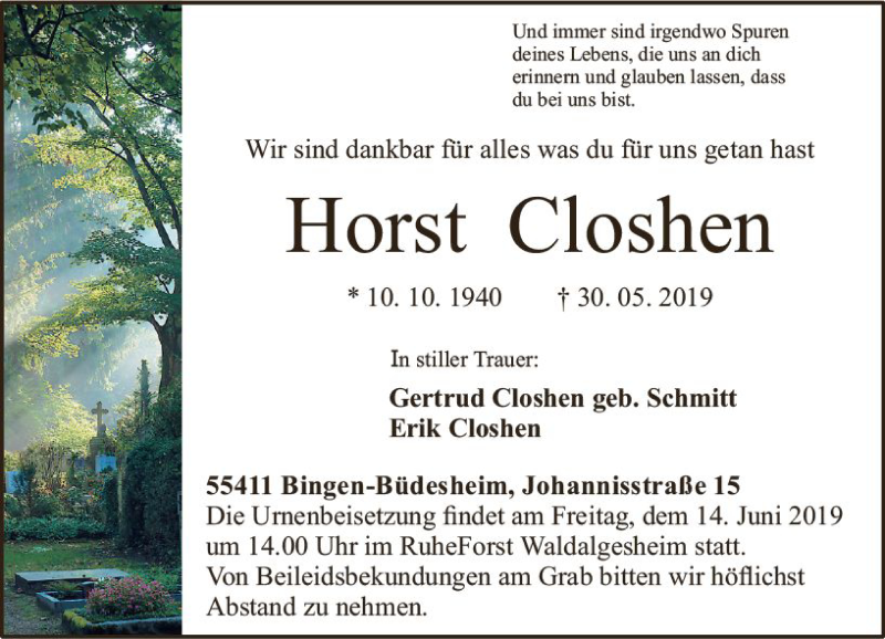  Traueranzeige für Horst Closhen vom 08.06.2019 aus vrm-trauer
