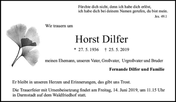 Traueranzeige von Horst Dilfer von vrm-trauer