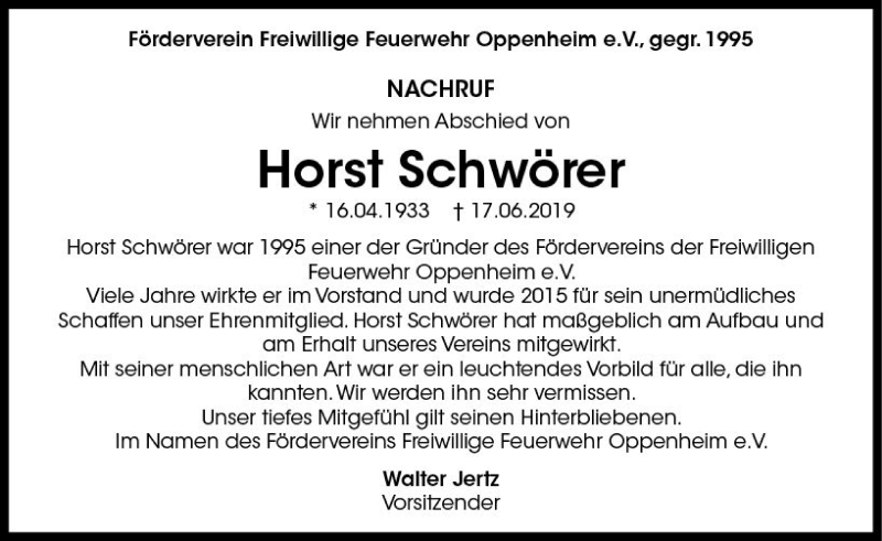  Traueranzeige für Horst Schwörer vom 24.06.2019 aus vrm-trauer