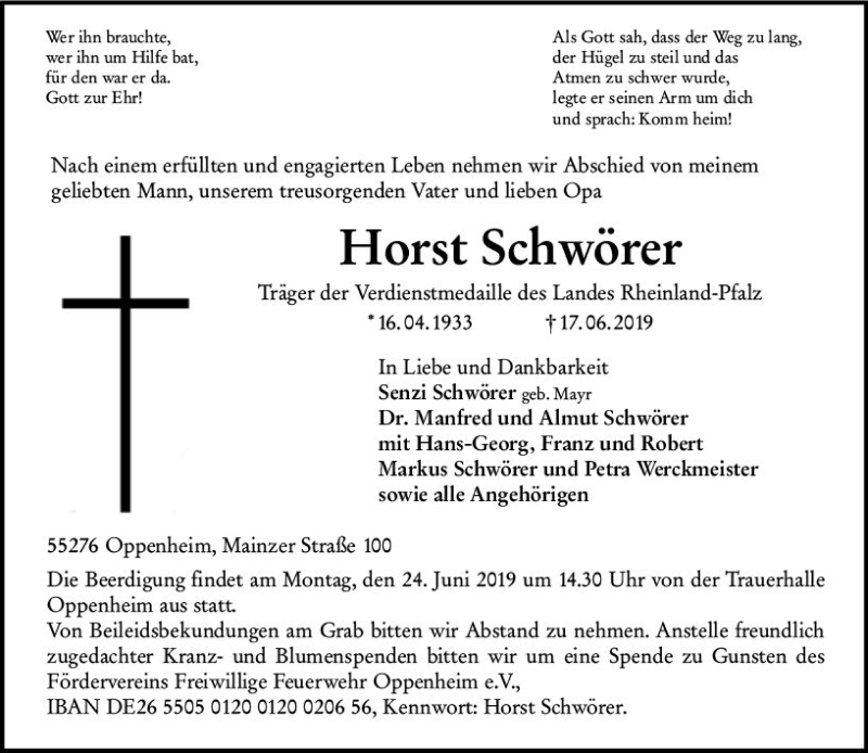  Traueranzeige für Horst Schwörer vom 22.06.2019 aus vrm-trauer