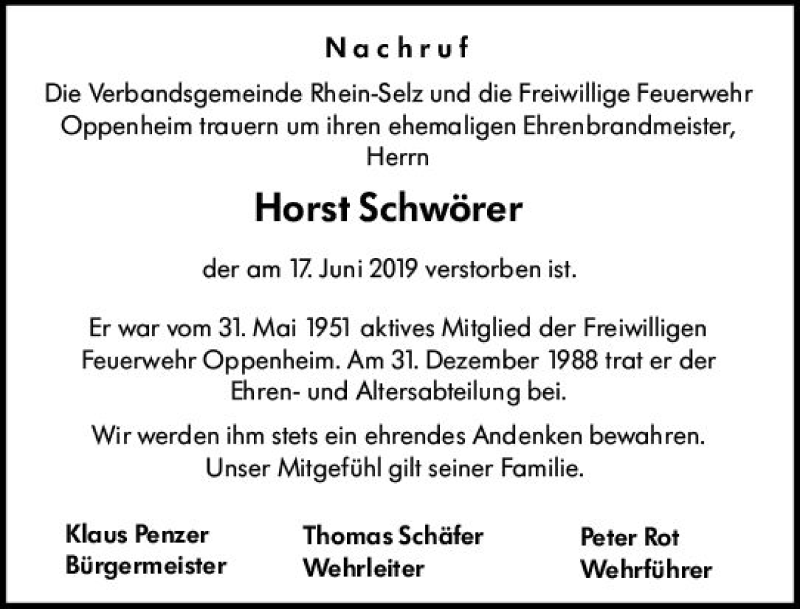  Traueranzeige für Horst Schwörer vom 22.06.2019 aus vrm-trauer