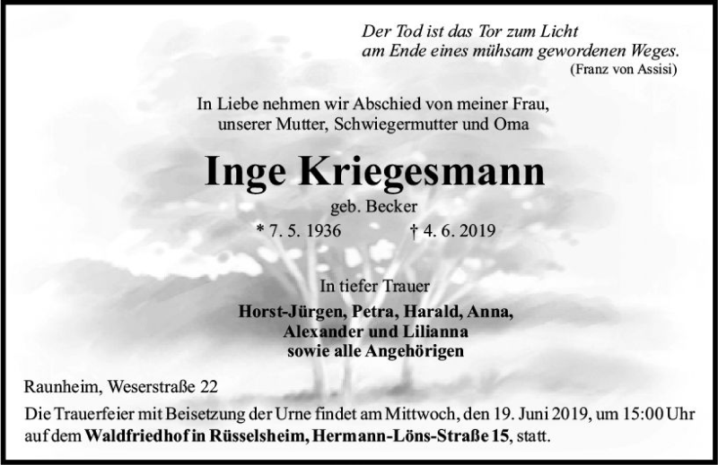  Traueranzeige für Inge Kriegesmann vom 08.06.2019 aus vrm-trauer