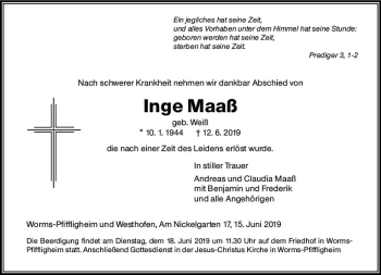 Traueranzeige von Inge Maaß von vrm-trauer