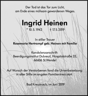Traueranzeige von Ingrid Heinen von vrm-trauer