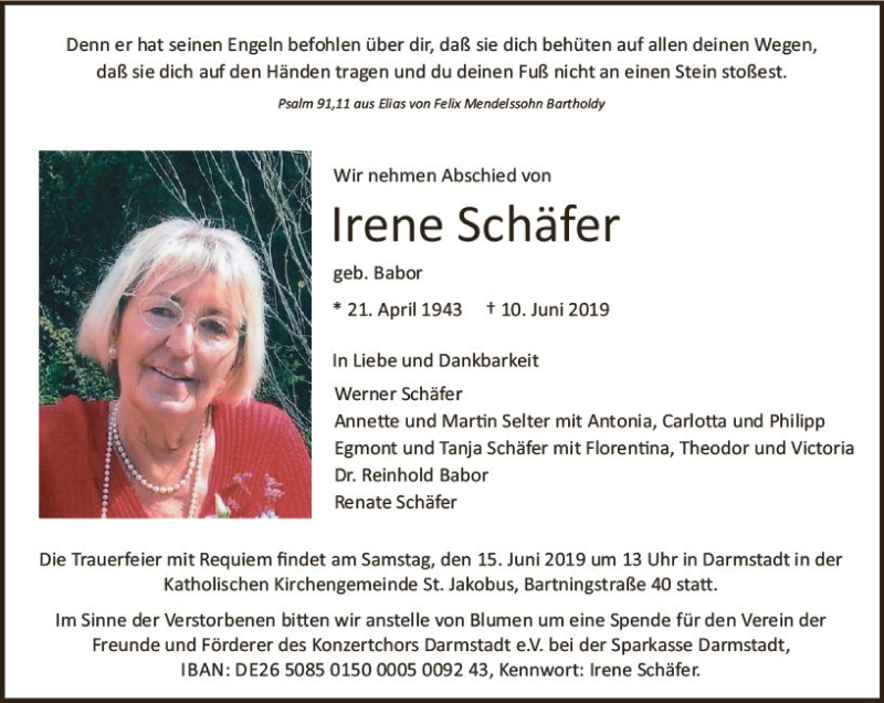  Traueranzeige für Irene Schäfer vom 12.06.2019 aus vrm-trauer