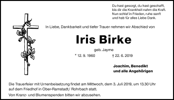 Traueranzeige von Iris Birke von vrm-trauer