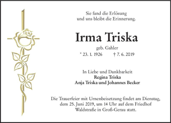 Traueranzeige von Irma Triska von vrm-trauer
