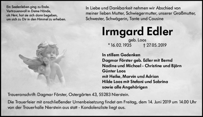  Traueranzeige für Irmgard Edler vom 08.06.2019 aus vrm-trauer