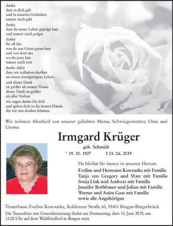 Traueranzeige von Irmgard Krüger von vrm-trauer