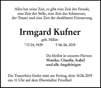 Traueranzeige von Irmgard Kufner von vrm-trauer