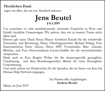 Traueranzeige von Jens Beutel von vrm-trauer