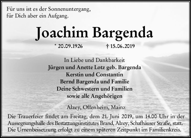  Traueranzeige für Joachim Bargenda vom 18.06.2019 aus vrm-trauer