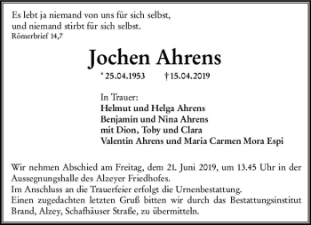 Traueranzeige von Jochen Ahrens von vrm-trauer