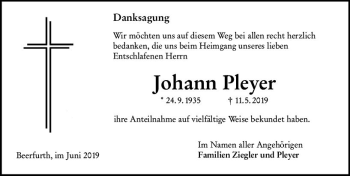 Traueranzeige von Johann Pleyer von vrm-trauer