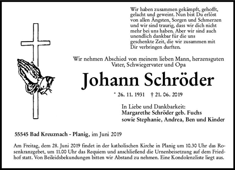  Traueranzeige für Johann Schröder vom 26.06.2019 aus vrm-trauer