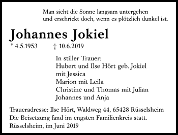 Traueranzeige von Johannes Jokiel von vrm-trauer