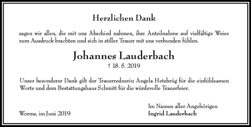  Traueranzeige für Johannes Lauderbach vom 25.06.2019 aus vrm-trauer