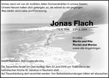 Traueranzeige von Jonas Flach von vrm-trauer