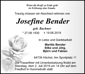 Traueranzeige von Josefine Bender von vrm-trauer