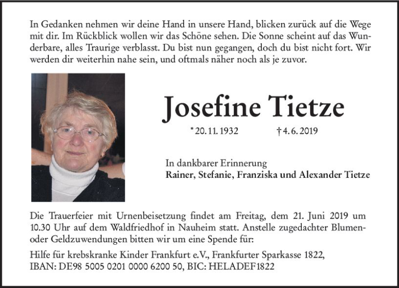  Traueranzeige für Josefine Tietze vom 15.06.2019 aus vrm-trauer