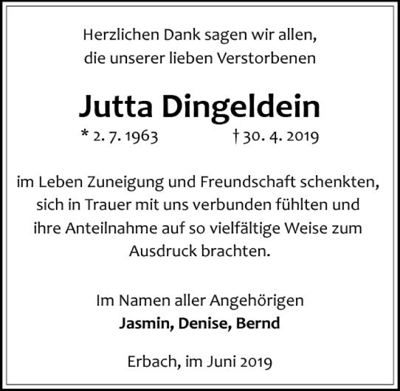  Traueranzeige für Jutta Dingeldein vom 08.06.2019 aus vrm-trauer