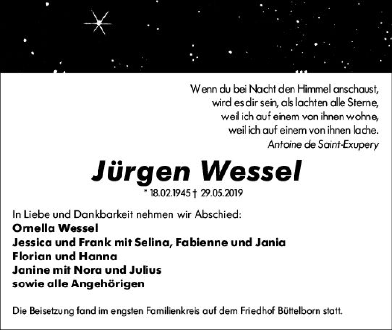  Traueranzeige für Jürgen Wessel vom 15.06.2019 aus vrm-trauer