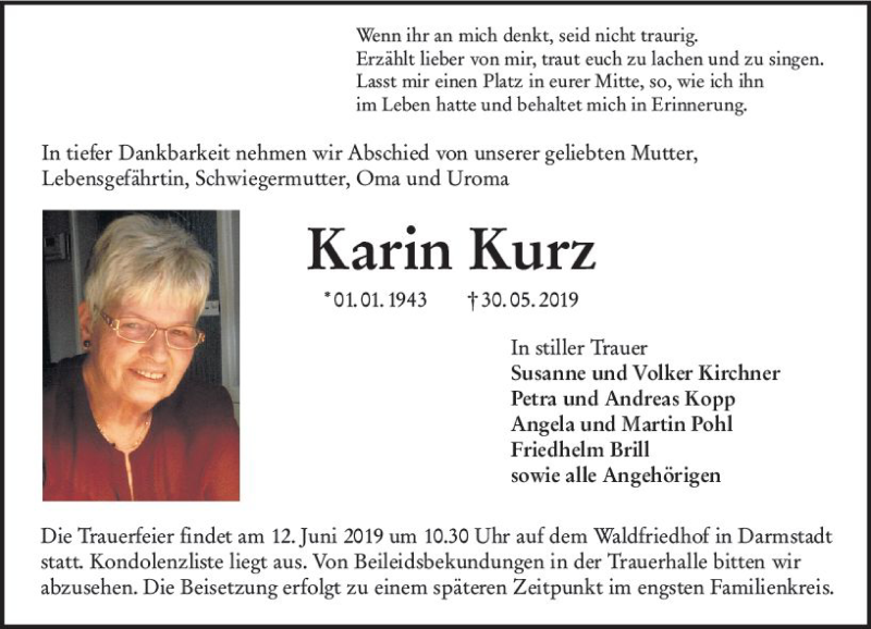  Traueranzeige für Karin Kurz vom 08.06.2019 aus vrm-trauer
