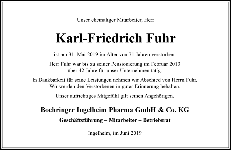  Traueranzeige für Karl-Friedrich Fuhr vom 29.06.2019 aus vrm-trauer