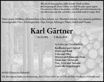 Traueranzeige von Karl Gärtner von vrm-trauer
