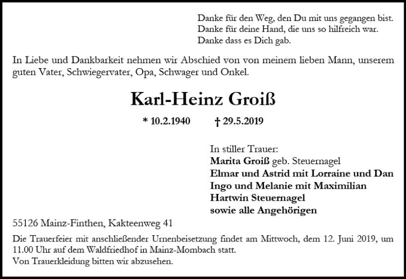  Traueranzeige für Karl-Heinz Groiß vom 08.06.2019 aus vrm-trauer
