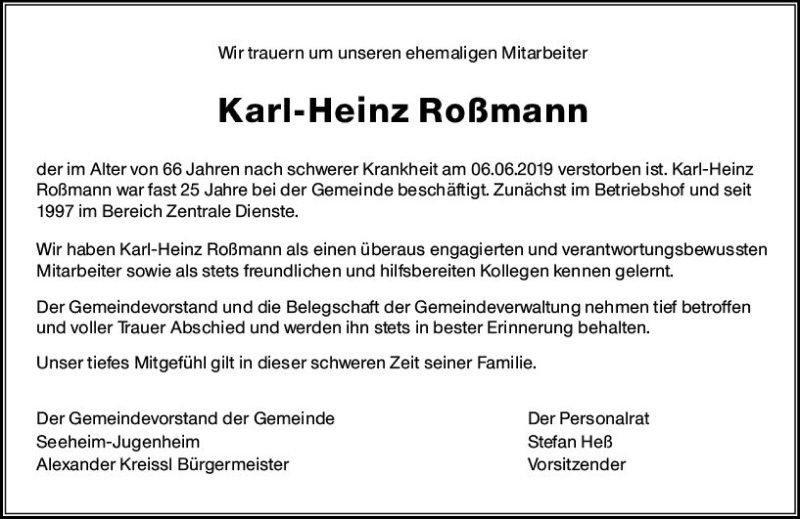  Traueranzeige für Karl-Heinz Roßmann vom 15.06.2019 aus vrm-trauer