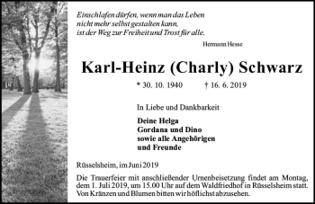 Traueranzeige von Karl-Heinz Schwarz von vrm-trauer