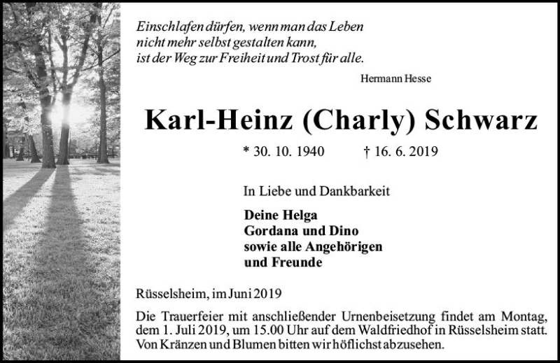  Traueranzeige für Karl-Heinz Schwarz vom 22.06.2019 aus vrm-trauer