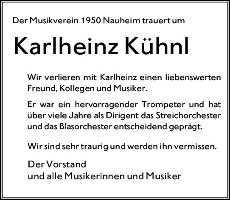  Traueranzeige für Karlheinz Kühnl vom 07.06.2019 aus vrm-trauer