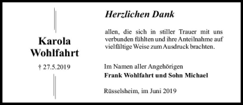 Traueranzeige von Karola Wohlfahrt von vrm-trauer