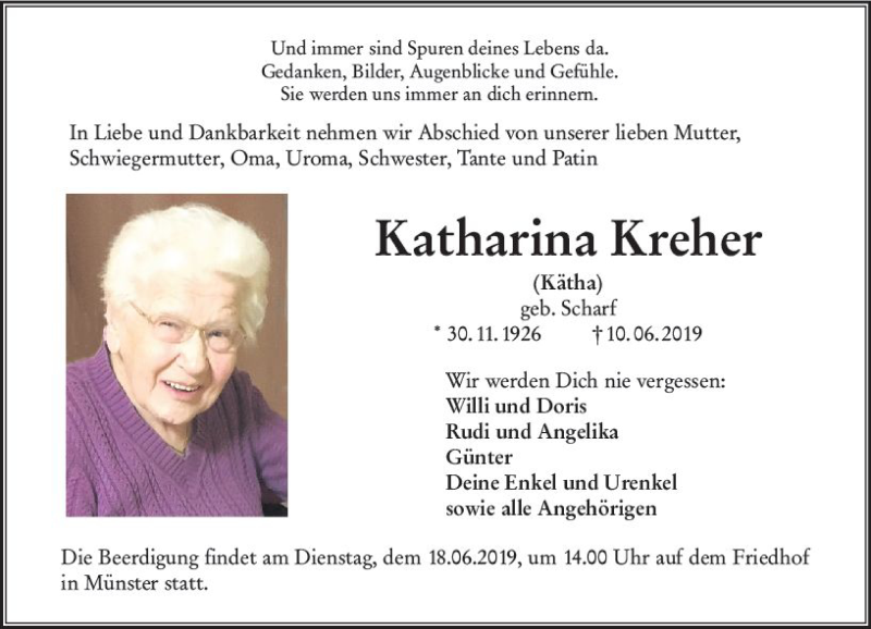  Traueranzeige für Katharina Kreher vom 15.06.2019 aus vrm-trauer