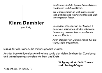 Traueranzeige von Klara Dambier von vrm-trauer