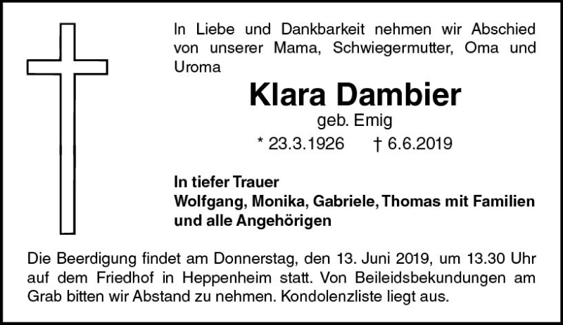  Traueranzeige für Klara Dambier vom 11.06.2019 aus vrm-trauer