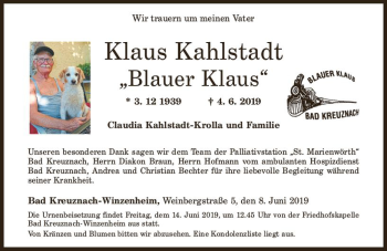 Traueranzeige von Klaus Kahlstadt von vrm-trauer