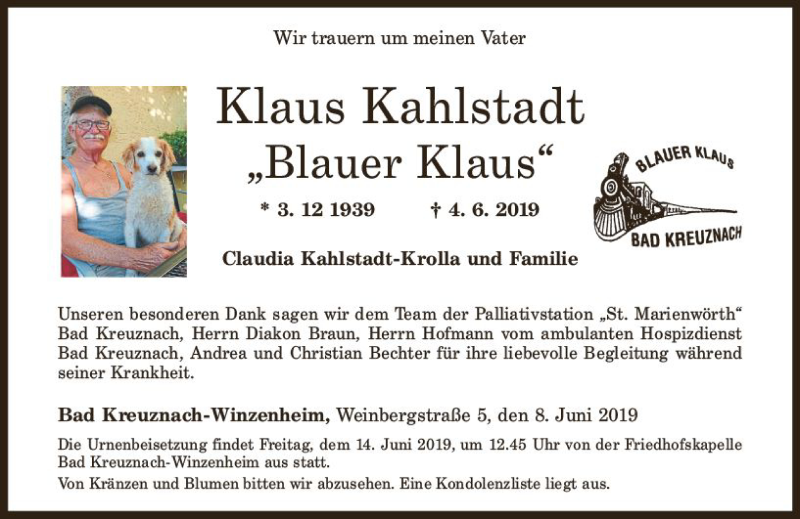  Traueranzeige für Klaus Kahlstadt vom 08.06.2019 aus vrm-trauer