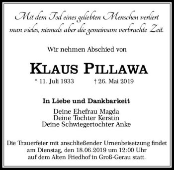 Traueranzeige von Klaus Pillawa von vrm-trauer