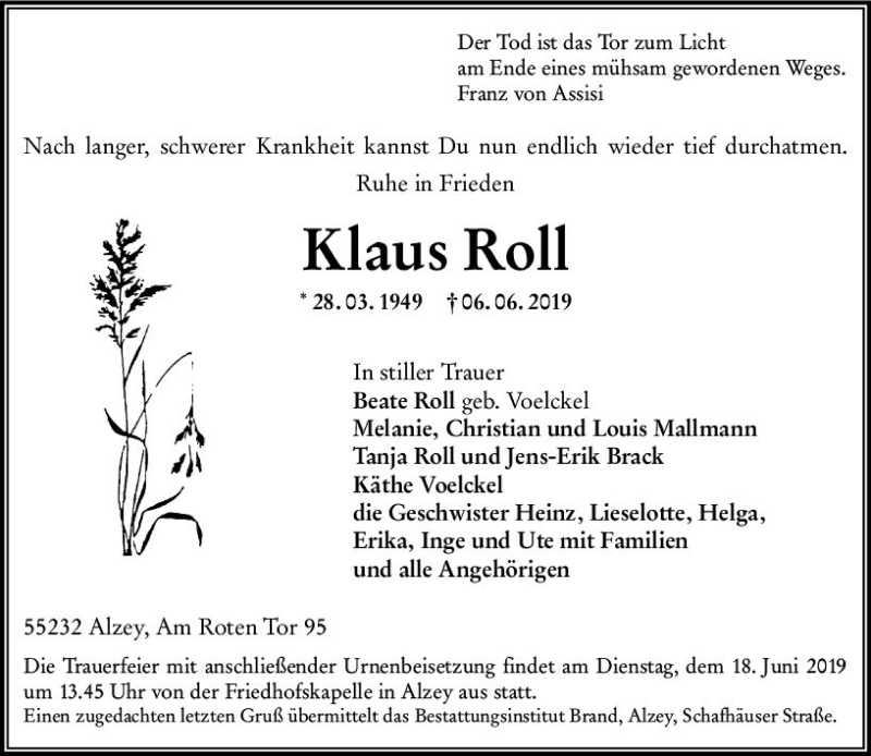  Traueranzeige für Klaus Roll vom 12.06.2019 aus vrm-trauer